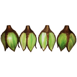 Antique Green Slag Glass Shades - Set of 4 For Sale