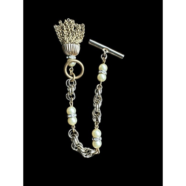 Mid 20th Century Trifari Chainlink Tassel Faux Pearl Rhinestone Necklace and Bracelet Set - 2 Pieces For Sale - Image 10 of 12