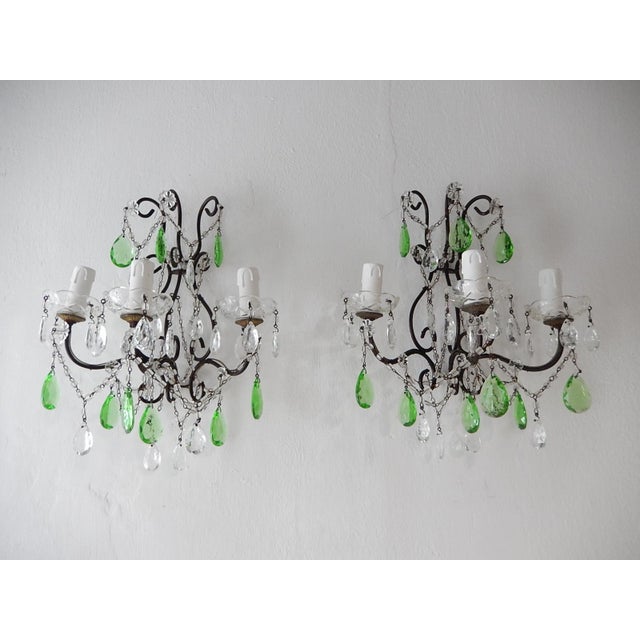 1920s Italian Rococo Green Crystal Prisms 3 Light Sconces - a Pair For Sale - Image 11 of 11