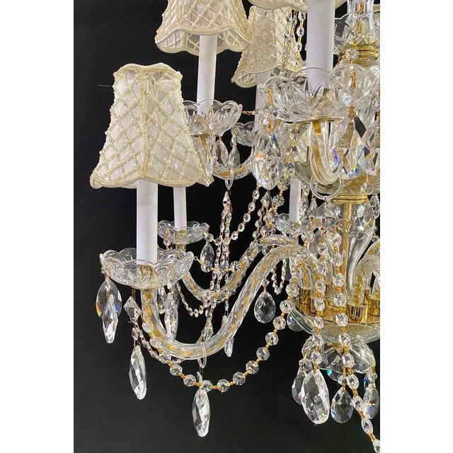 French Regency Style Crystal With Gold Frame Chandelier, Custom Shades, 12 Arms For Sale - Image 4 of 12