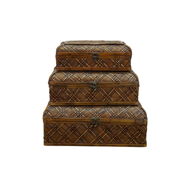 Japanese Late 20th Century 3 Japanese Woven Wicker Rattan Yanagigori Graduated Nesting Boxes 20" For Sale - Image 3 of 13