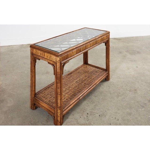 Hollywood Regency Island Style Rattan Bamboo Console Table For Sale - Image 3 of 12