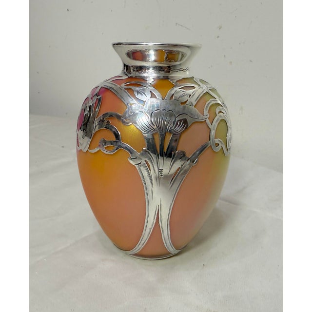 Antique Hand Blown Loetz Candia Silberiris Sterling Silver Overlay Glass Vase For Sale - Image 9 of 14