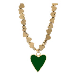 Green Heart Pendant Gold Hematite Stone Heart Shape Chain Necklace For Sale
