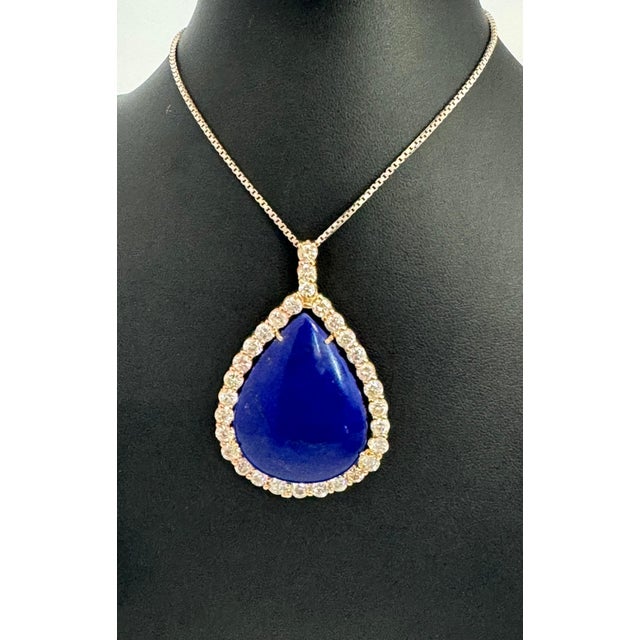 75 Carat Lapis & 9.5 ct Diamond Pendant Necklace 14 Karat White Gold + Chain For Sale - Image 9 of 18