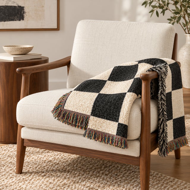Dorothy Draper Black and Cream Checkerboard Woven Throw Blanket – 60 × 50 For Sale - Image 4 of 6