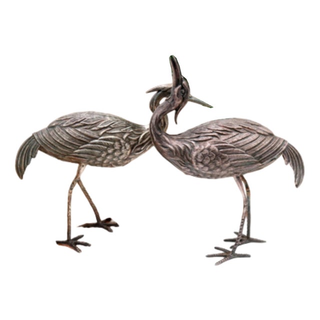 Silver Cranes with Embossed Applications, Set of 2 For Sale