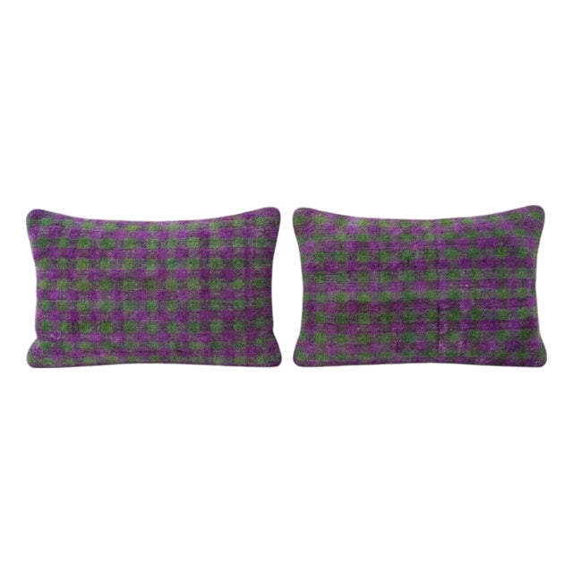 Turkish Wool Lumbar Kilim Pillow Cover 16'' X 24'' - Set of Two For Sale