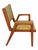A striking pair of vintage mid-century modern armchairs featuring sculptural angular wood frames and original avocado-...