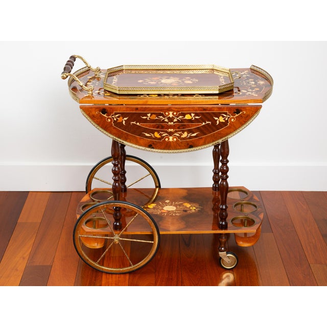 Vintage Italian Marquetry Bar Cart With Serving Tray For Sale In Seattle - Image 6 of 11