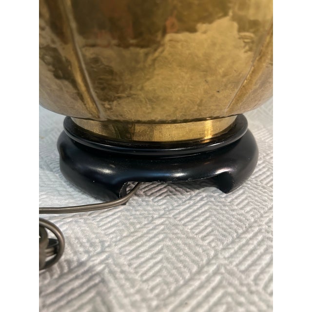 Brass Vintage 1960’s Paul Hanson Hammered Brass Chinoiserie Table Lamps With Original Shades For Sale - Image 8 of 13