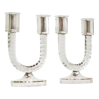 Vintage French Art Deco Candleholders in Crystal, 1930s, Set of 2 For Sale