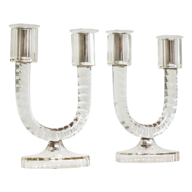 Vintage French Art Deco Candleholders in Crystal, 1930s, Set of 2 For Sale