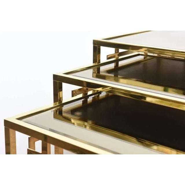 1970s Vintage Italian Brass and Glass Greek Key Nesting Tables Set of 3, 1970's For Sale - Image 5 of 10