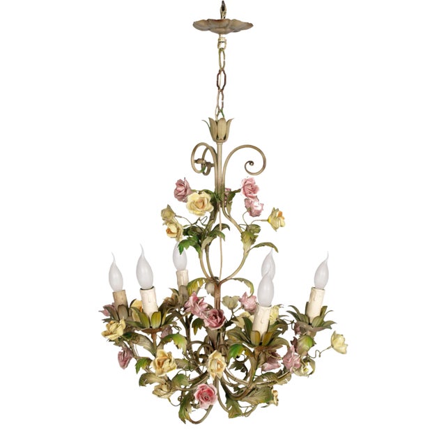 Antique Art Nouveau Italian Iron and Ceramic Ceiling Lamp For Sale