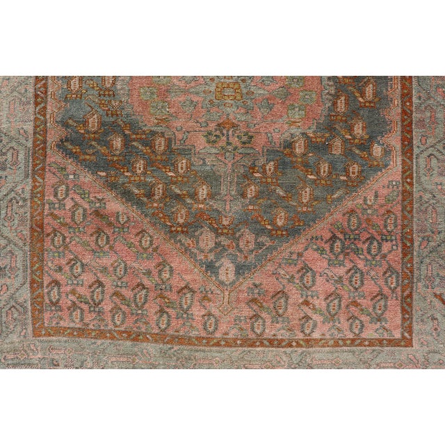 Antique Persian Gallery Malayer Rug With Geometric Design in Gray-Blue and Pink For Sale - Image 10 of 12