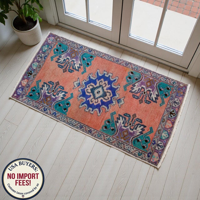 Hand Knotted Low Pile Wool Turkish Small Rug Faded Mat Entry Decor, Bath Mat - 1'8'' X 3' For Sale - Image 14 of 14