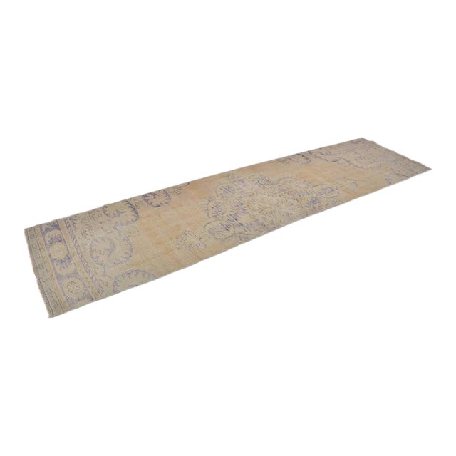 Vintage Faded Floral Turkish Runner, Ochre and Soft Violet Rug For Sale