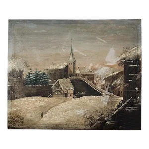 Antique 19th C. Dutch Oil Painting, Winter Village Scene