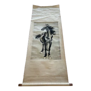 Antique Asian Hand Painted Scroll of Horse on Parchment