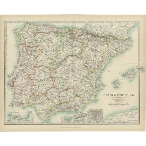 Antique map titled 'Spain and Portugal'. Original antique map of Spain and Portugal. with inset maps of the Canary...