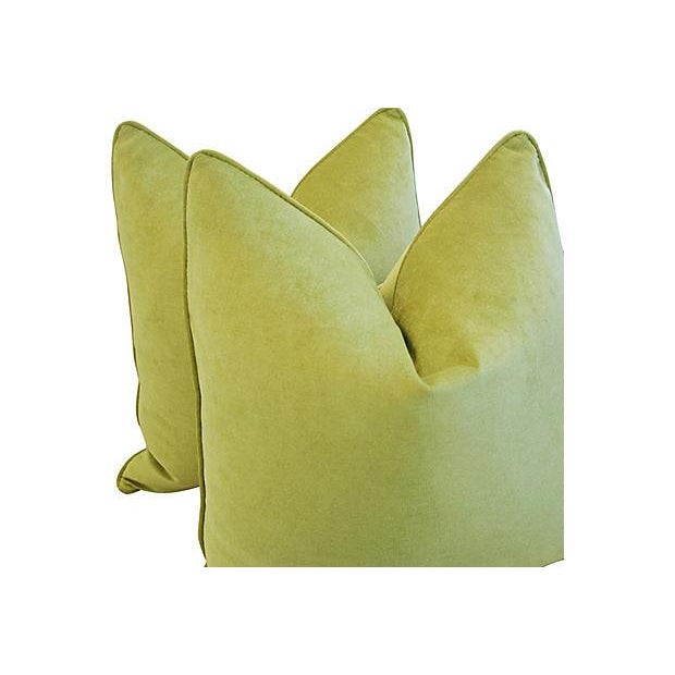 Custom Tailored Apple Green Velvet Feather/Down Pillows 24" Square - Pair | Chairish