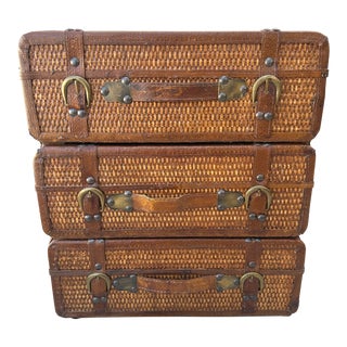 Rattan/Leather 3 Drawer Faux Suitcase Side Table For Sale