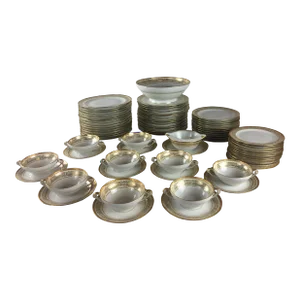 Neoclassical Limoges Porcelain Gold Rimmed Dinner Service 70 Pieces, Signed