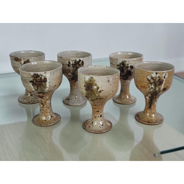 Set of 6 Stoneware Stemmed Cups, Vézelay Pottery - Albert Breton A beautiful set of six hand-thrown stoneware stemmed...