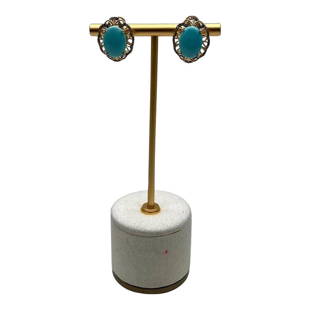 Blue Teal Turquoise Diamonds Lattice 14k Yellow Gold Statement Earrings - Set of 2 For Sale