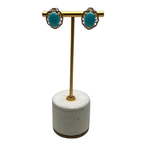 Blue Teal Turquoise Diamonds Lattice 14k Yellow Gold Statement Earrings - Set of 2