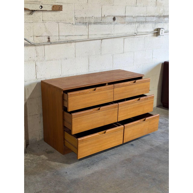 Mid-Century Modern Teak 6-Drawer Double Dresser Lowboy With Sculpted Pulls Danish Mid-Century Modern 1970s For Sale - Image 3 of 12