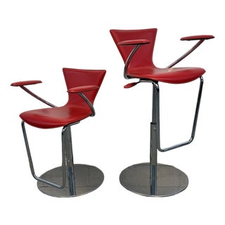 Pair of Contemporary Italian Chrome and Red Leather Barstools by Serico For Sale