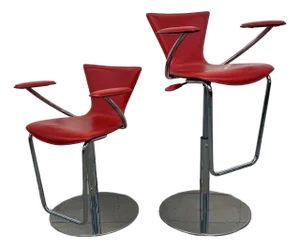 Pair of Contemporary Italian Chrome and Red Leather Barstools by Serico