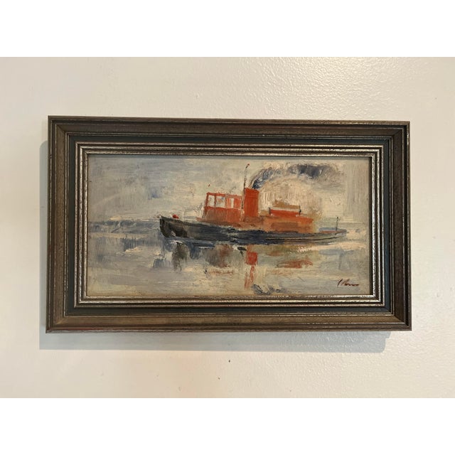 Wood Vintage Impressionist Oil on Board Harbor Tugboat Painting For Sale - Image 7 of 9
