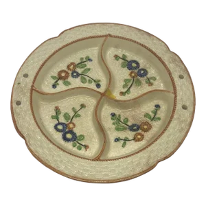 Vintage Divided Ceramic Hand Painted Dish Plate Majolica Style K Maker’s Mark Japan 1940’s