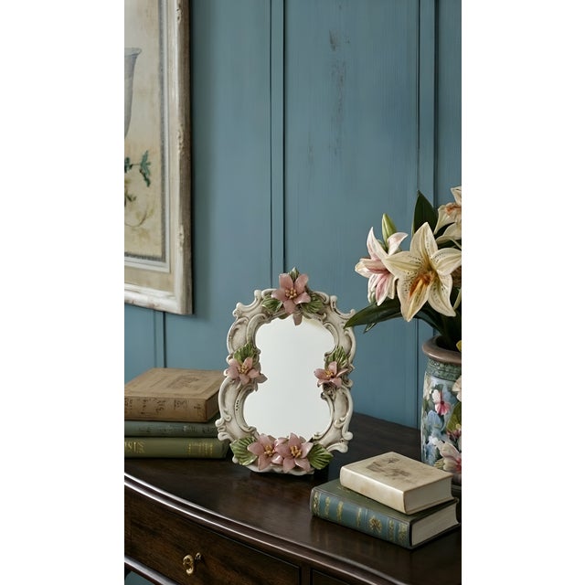 Rococo Vintage Capodimonte Italy Porcelain Floral Vanity Mirror – Pink Flowers – 14.5” For Sale - Image 3 of 7