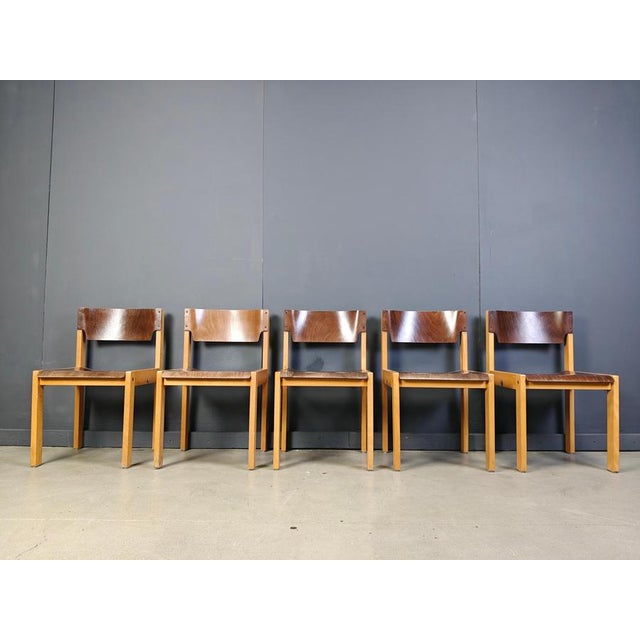 Mid-Century Brown and Birch Stacking Chairs in the style of Sven Markelius, 1980, Set of 5 For Sale - Image 6 of 12