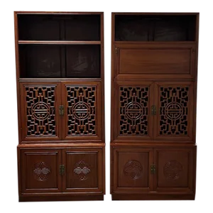 1960s Pair of Chinese Style Carved Solid Rosewood Bookcase Cabinets