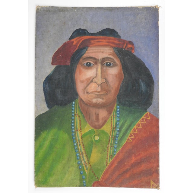 Textile Early 20th Century Folk Art Native American Portrait Painting For Sale - Image 7 of 7