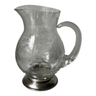 1930s Etched Crystal Pitcher, Also Known as a "Pot Belly Pitcher," With a Sterling Silver Base For Sale