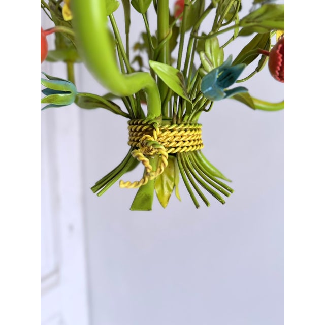 Mid-Century Floral Bouquet 3-Light Chandelier in Green Painted Tole Metal, 1960s For Sale - Image 13 of 16