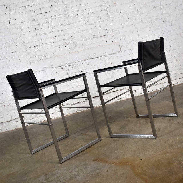Metal Vintage Chrome & Black Vinyl Faux Leather Sling Director’s Chairs Straight Legs, a Pair For Sale - Image 7 of 13