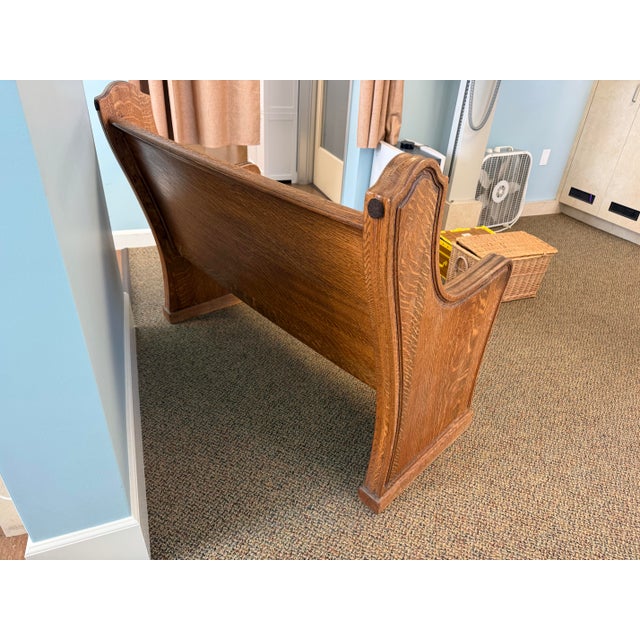 Sienna Tiger Oak Antique Carved Church Bench Pew Seating For Sale - Image 8 of 9