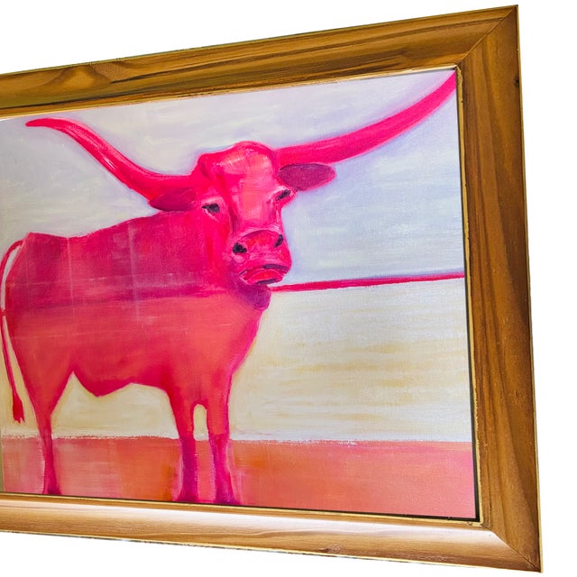 Abstract Western Country Cowboy Pink Longhorn Steer Original Oil Painting, in Teak Wood Frame by Tatiana Duperault For Sale - Image 3 of 5