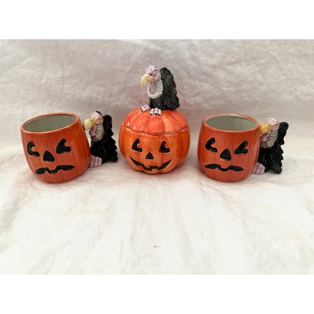 Fitz & Floyd Jack-o-Lantern w/Vulture handle mugs with a matching sugar dish. Super cute for Halloween parties or just...
