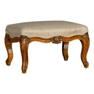 19th Century French Louis XV Style Walnut Footstool with Custom Linen Upholstery For Sale
