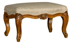 19th Century French Louis XV Style Walnut Footstool with Custom Linen Upholstery