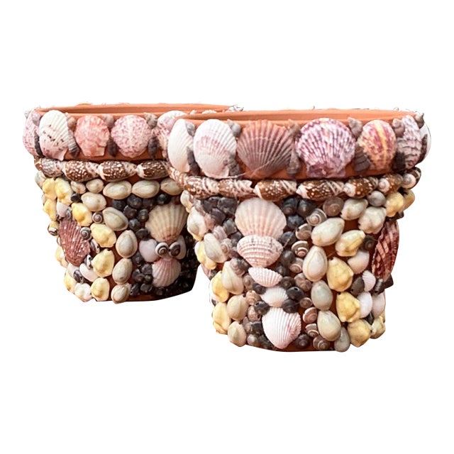 Vintage Shell Encrusted Terra Cotta Pots - A Pair For Sale