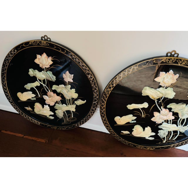 Black Chinoiserie Round Wall Art/Plaques With Mother of Pearl Inlay- A Pair For Sale - Image 10 of 12